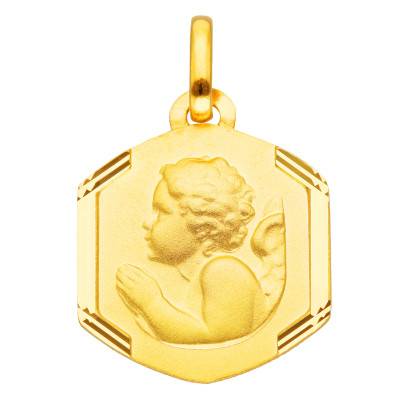 Médaille Hexagonale Ange en Prière en Or Jaune 750 - Vandona