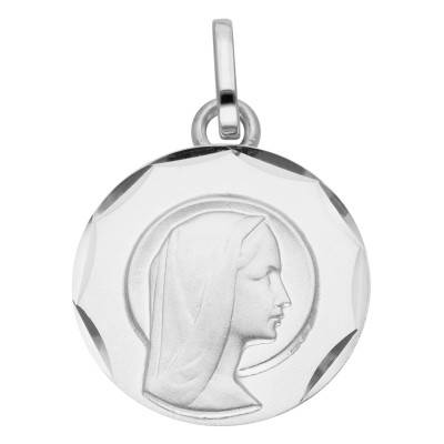Médaille Ronde Vierge Facettée en Or Blanc 375, Diamètre 15 mm - Vandona