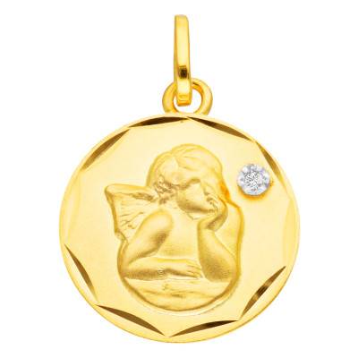 Médaille Ange Pensif Facettée en Or Jaune & Diamant 0,01 ct, Diamètre 14 mm - Vandona
