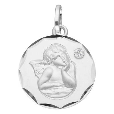 Médaille Ange Pensif Facettée en Or Blanc 375 & Diamant 0,01 ct, Diamètre 14 mm - Vandona