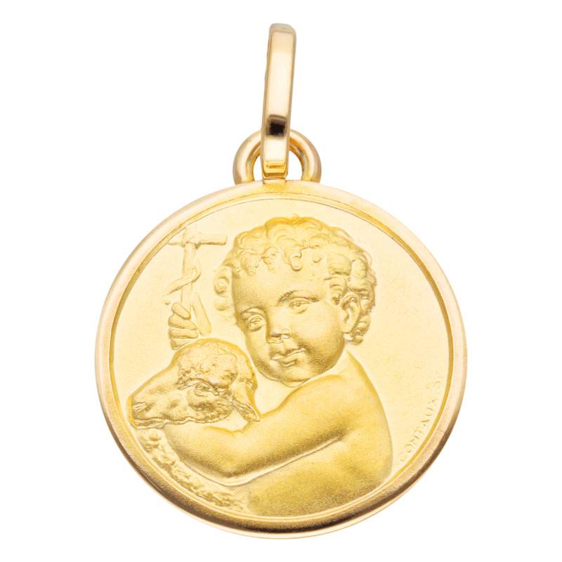 Yellow Gold 375 Angel with Lamb Medal, 12 mm Diameter - Vandona