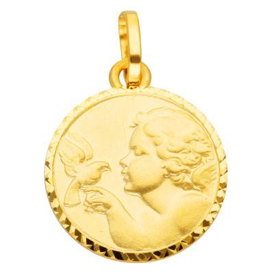 Lapidary & Faceted 375/1000 Yellow Gold Angel with Bird Medal, 12 mm Diameter - Vandona