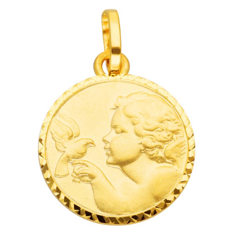 Lapidary & Faceted 375/1000 Yellow Gold Angel with Bird Medal, 12 mm Diameter - Vandona
