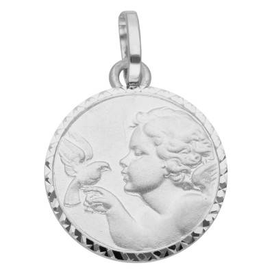Médaille Ange à l'Oiseau Lapidée & Facettée en Or Blanc 375, Diamètre 12 mm - Vandona