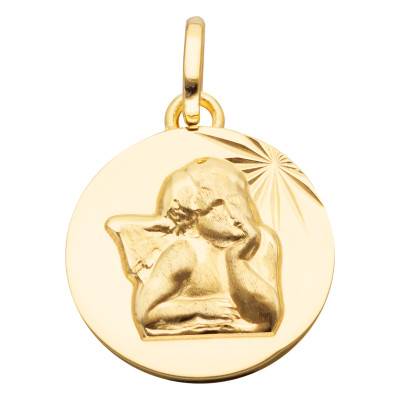 Médaille Ange Pensif Lapidée, en Or Jaune 375, Diamètre 13 mm - Vandona