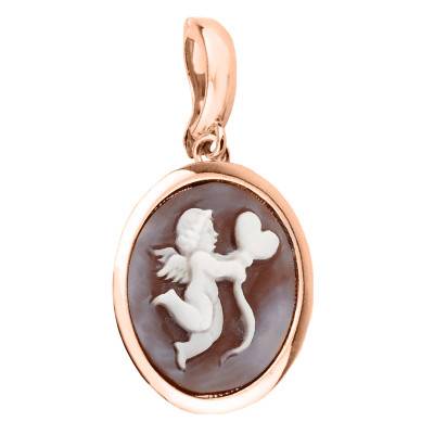 Pendentif Camée Ovale Ange et Coeur, Marron & Doré Rose - Emanessence