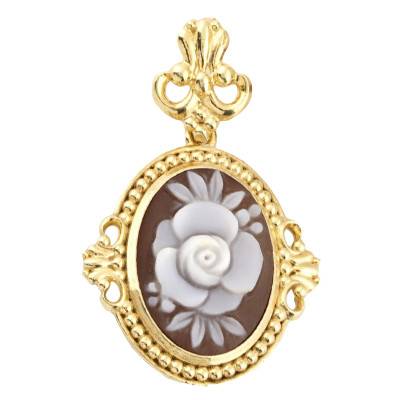 Pendentif Camée Ovale Fleur et Détails Perlés, Marron & Doré - Emanessence
