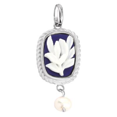 Pendentif Camée Fleur et Pampille Perle, Bleu & Argent - Emanessence