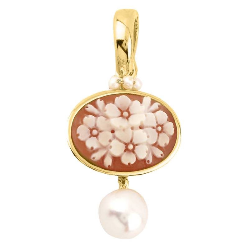 Anastasia Gold Floral Cameo Pendant & White Pearls - Emanessence