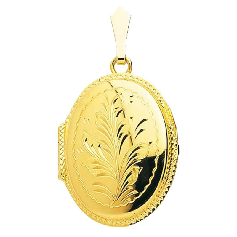 750/1000 Yellow Gold Large Oval Floral Photo Locket Pendant - Emanessence