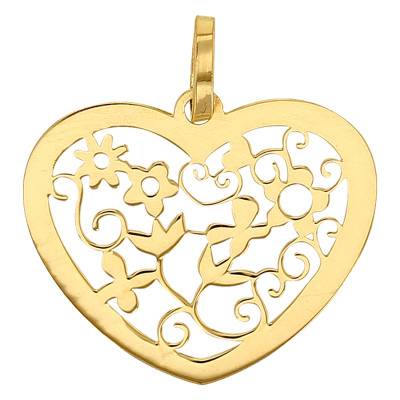 750 Yellow Gold Openwork Floral Heart Pendant - Emanessence