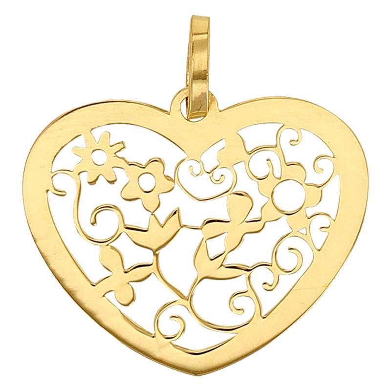 750 Yellow Gold Openwork Floral Heart Pendant - Emanessence