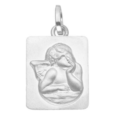 Médaille Rectangulaire Ange Pensif en Or Blanc 375 - Vandona