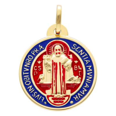 Médaille Saint Benoit Ronde en Or Jaune 750 & Email Bicolore, Diamètre 14 ou 20 mm - Vandona