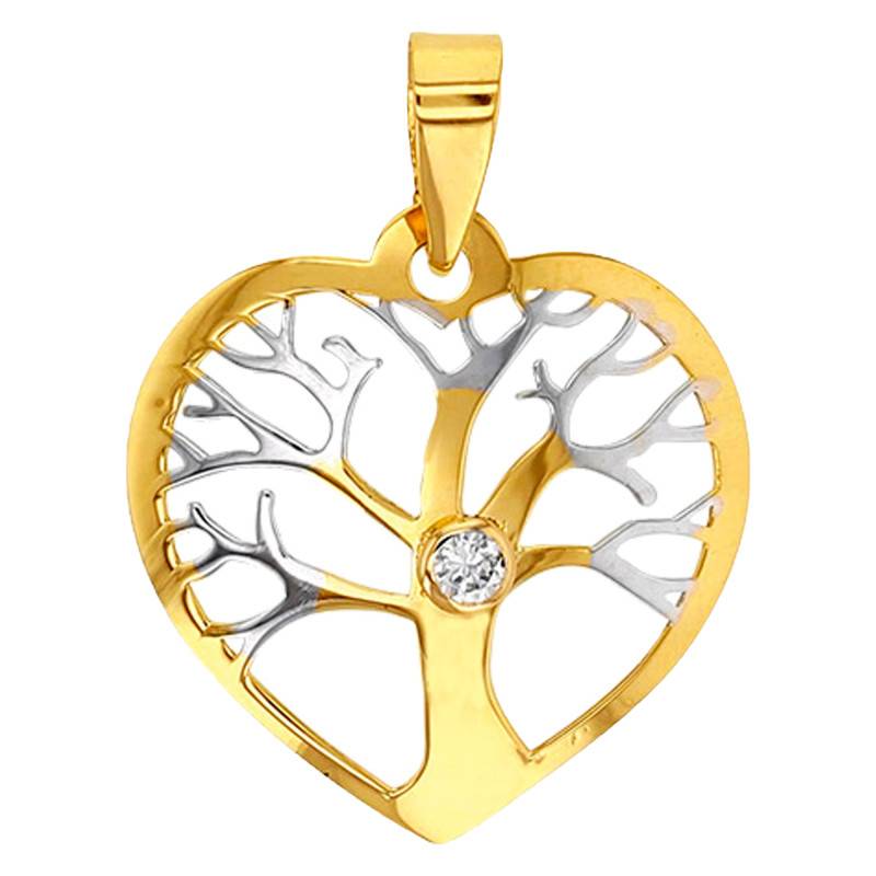 Two-Tone 750 Gold Heart & Tree of Life Pendant with Cubic Zirconia - Emanessence