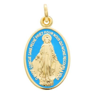 750/1000 Yellow Gold & Blue Enamel Miraculous Virgin Mary Medal - Vandona