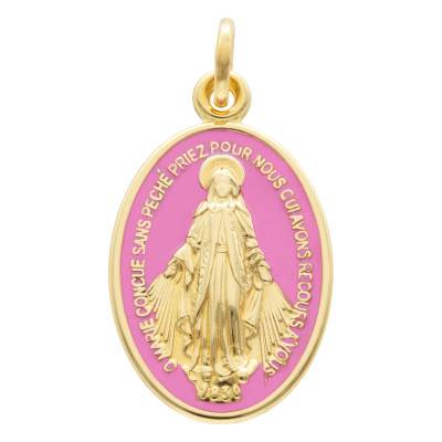 750/1000 Yellow Gold & Pink Enamel Miraculous Virgin Mary Medal - Vandona