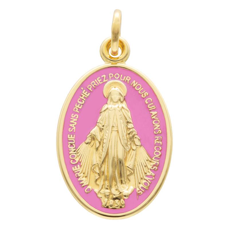 750/1000 Yellow Gold & Pink Enamel Miraculous Virgin Mary Medal - Vandona