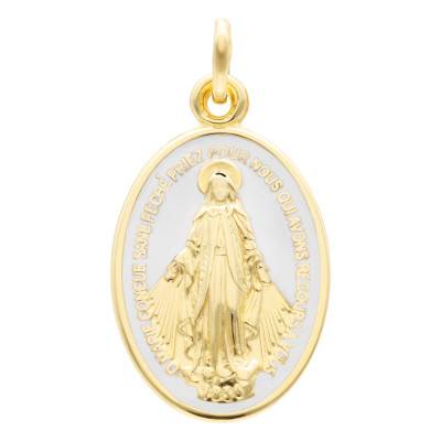 750/1000 Yellow Gold & White Enamel Miraculous Virgin Mary Medal - Vandona
