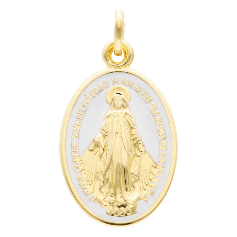 750/1000 Yellow Gold & White Enamel Miraculous Virgin Mary Medal - Vandona