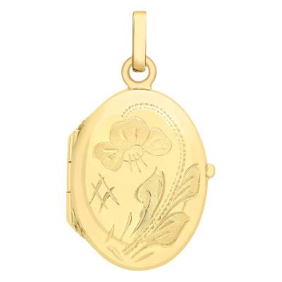 Pendentif Photo Ovale 16x29 mm Fleuri en Or Jaune 375 - Emanessence