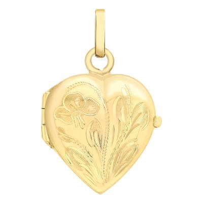 375/1000 Yellow Gold Floral Heart Photo Locket Pendant - Emanessence