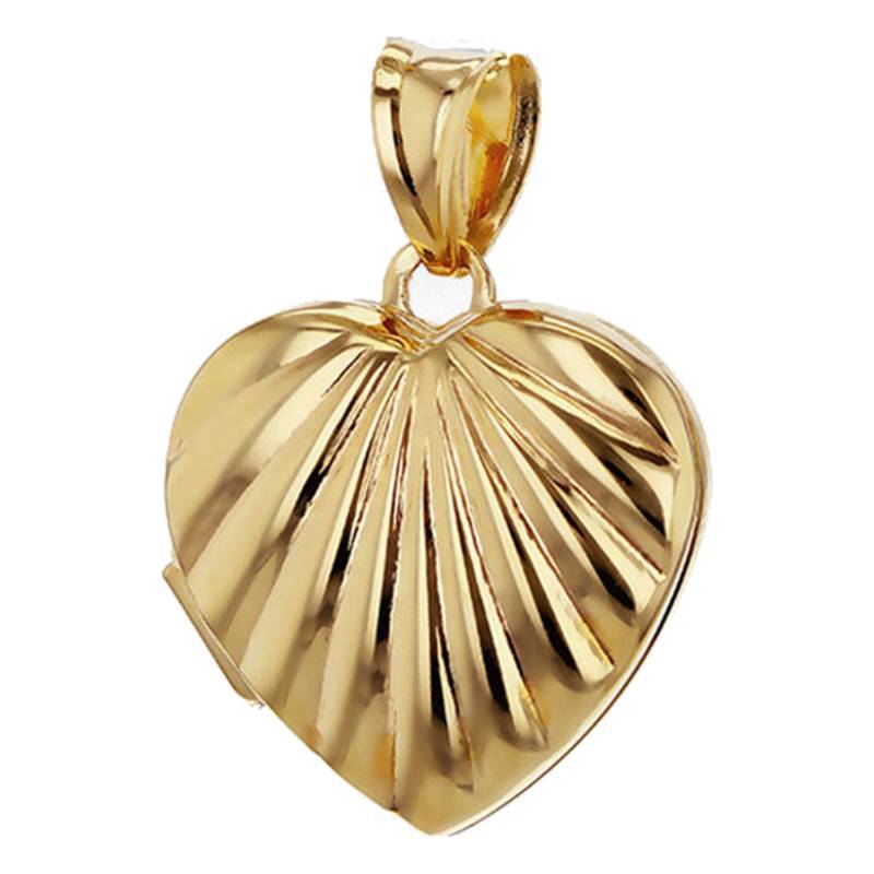 375 Yellow Gold Ridged Heart Photo Locket Pendant - Emanessence