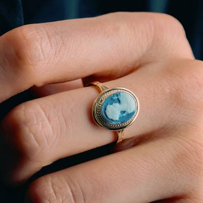 Bague Camée Bleue Ovale Or Jaune 750 - Emanessence