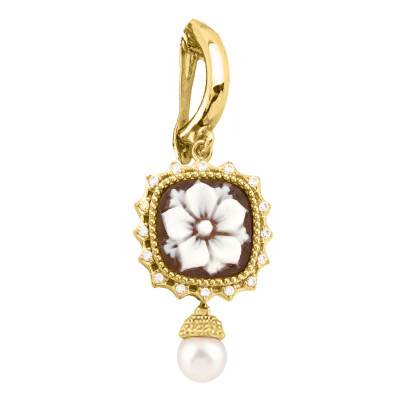 Pendentif Camée Fleur Doré, Halo et Pampille Perles Blanches - Emanessence