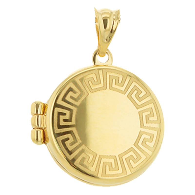 375/1000 Yellow Gold Round Greek Photo Locket Pendant - Emanessence
