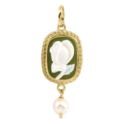 Green Gold-Tone Floral Cameo Pendant with Pearl Dangles - Emanessence