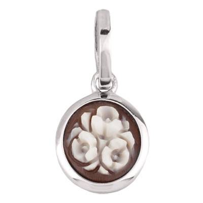 Pendentif Camée Fleurs Rond, Marron & Argent - Emanessence