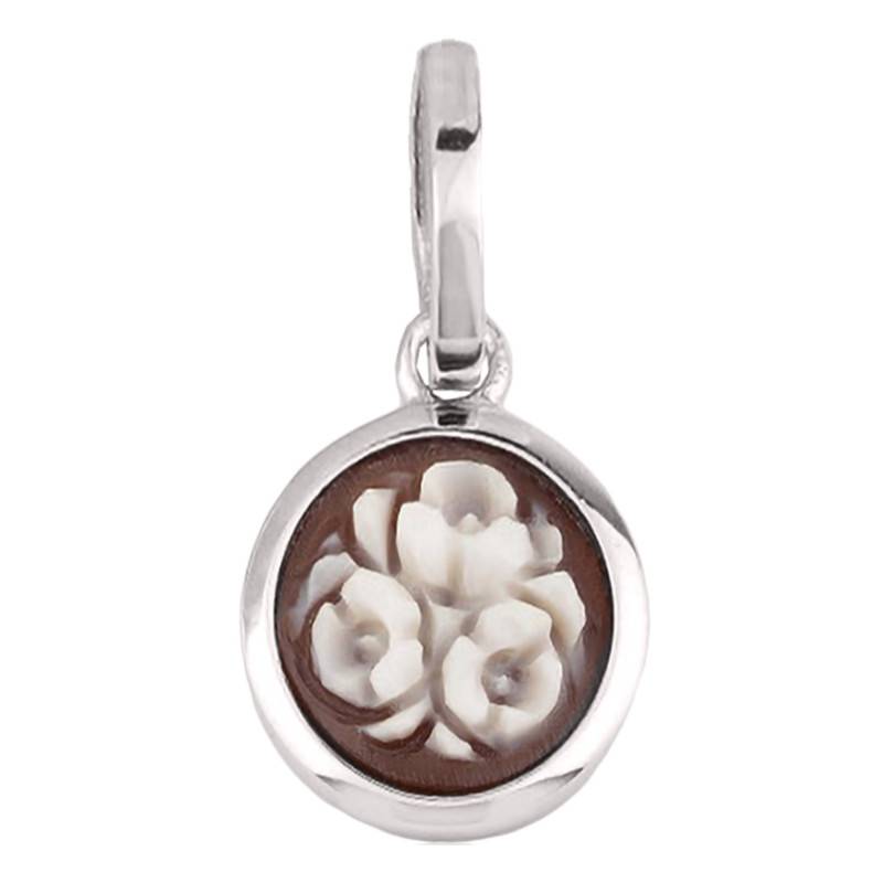 Round Brown Floral Cameo 925 Silver Pendant - Emanessence