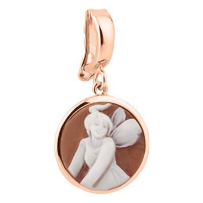 Pendentif Camée Rond Fée, Marron et Doré Rose - Emanessence