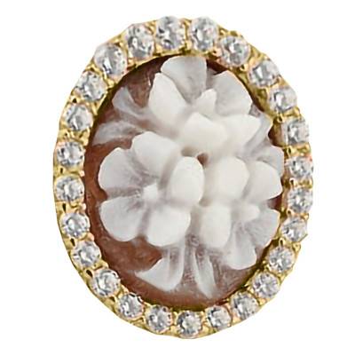 Pendentif Camée Ovale Fleuri et Halo de Pierres, Doré & Marron - Emanessence