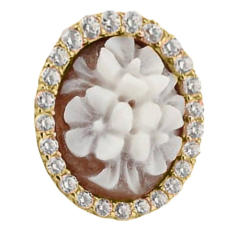 Brown Oval Floral Gold Cameo Pendant with Stone Halo - Emanessence