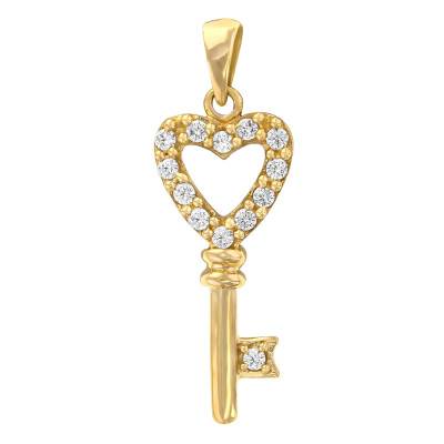 Yellow 375/1000 Gold & Cubic Zirconia Heart Key Pendant - Emanessence
