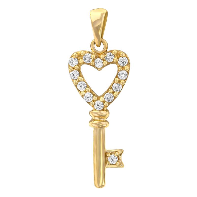 Yellow 375/1000 Gold & Cubic Zirconia Heart Key Pendant - Emanessence