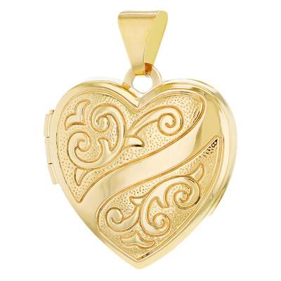 375 Yellow Gold Engraved Heart Photo Locket Pendant - Emanessence