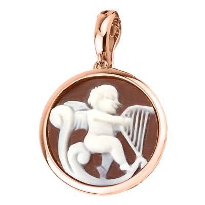 Brown Round Angel Playing Harp Rose Gold Cameo Pendant - Emanessence