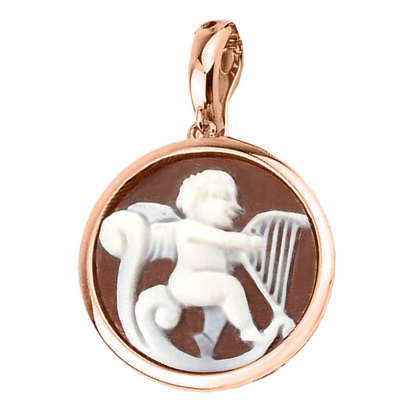 Brown Round Angel Playing Harp Rose Gold Cameo Pendant - Emanessence