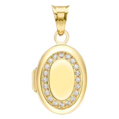 375/1000 Yellow Gold Oval Photo Locket Pendant with Zirconium Oxides, Width 12 mm or 16 mm - Emanessence