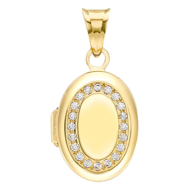375/1000 Yellow Gold Oval Photo Locket Pendant with Zirconium Oxides, Width 12 mm or 16 mm - Emanessence