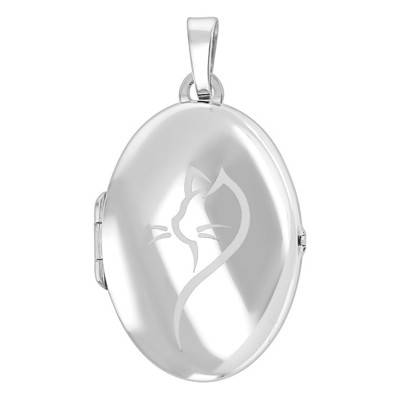 Rhodium-Plated Silver Oval Cat Motif Photo Pendant - Emanessence