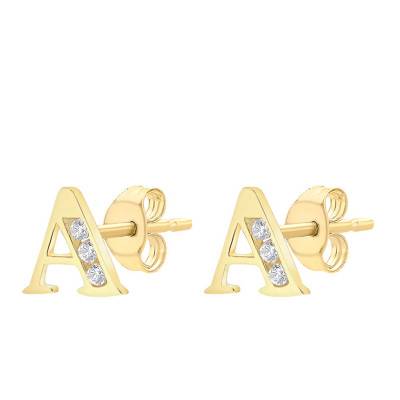 375 Yellow Gold & Zirconium Oxide Letter A Stud Earrings - Emanessence