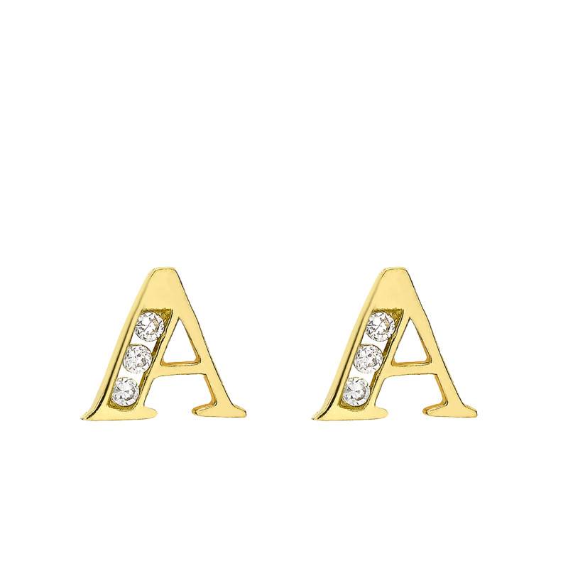 375 Yellow Gold & Zirconium Oxide Letter A Stud Earrings - Emanessence