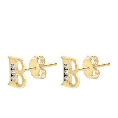 Yellow Gold 375 & Zirconium Oxide Letter B Stud Earrings - Emanessence