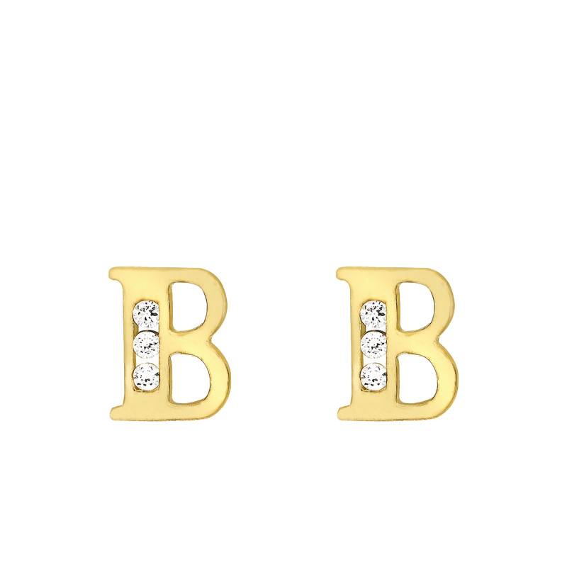 Yellow Gold 375 & Zirconium Oxide Letter B Stud Earrings - Emanessence