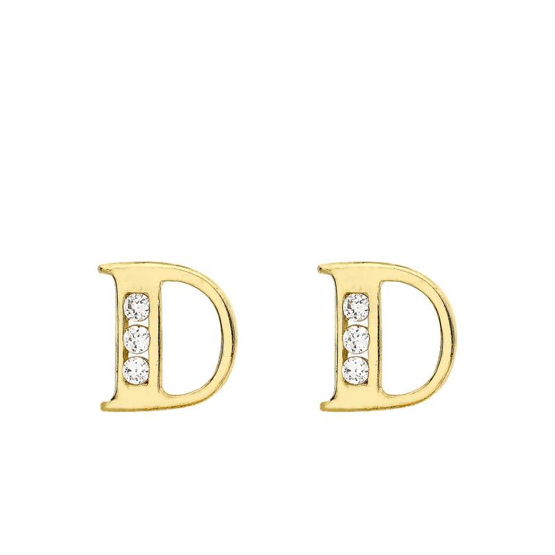 Letter D 375/1000 Yellow Gold & Zirconium Oxide Stud Earrings - Emanessence