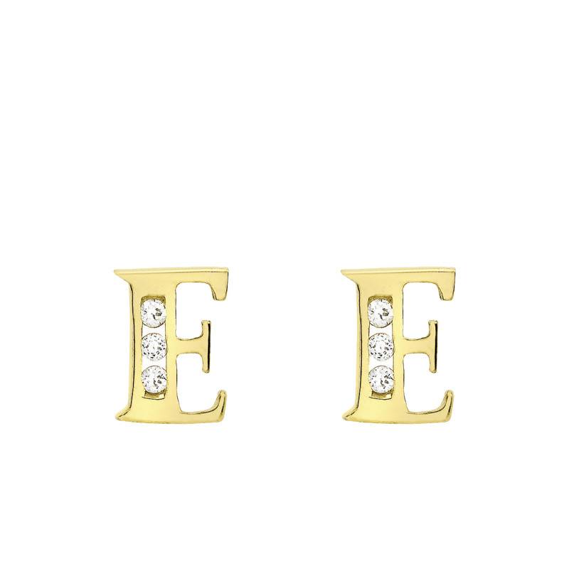 Letter E 375 Yellow Gold & Zirconium Oxide Stud Earrings - Emanessence